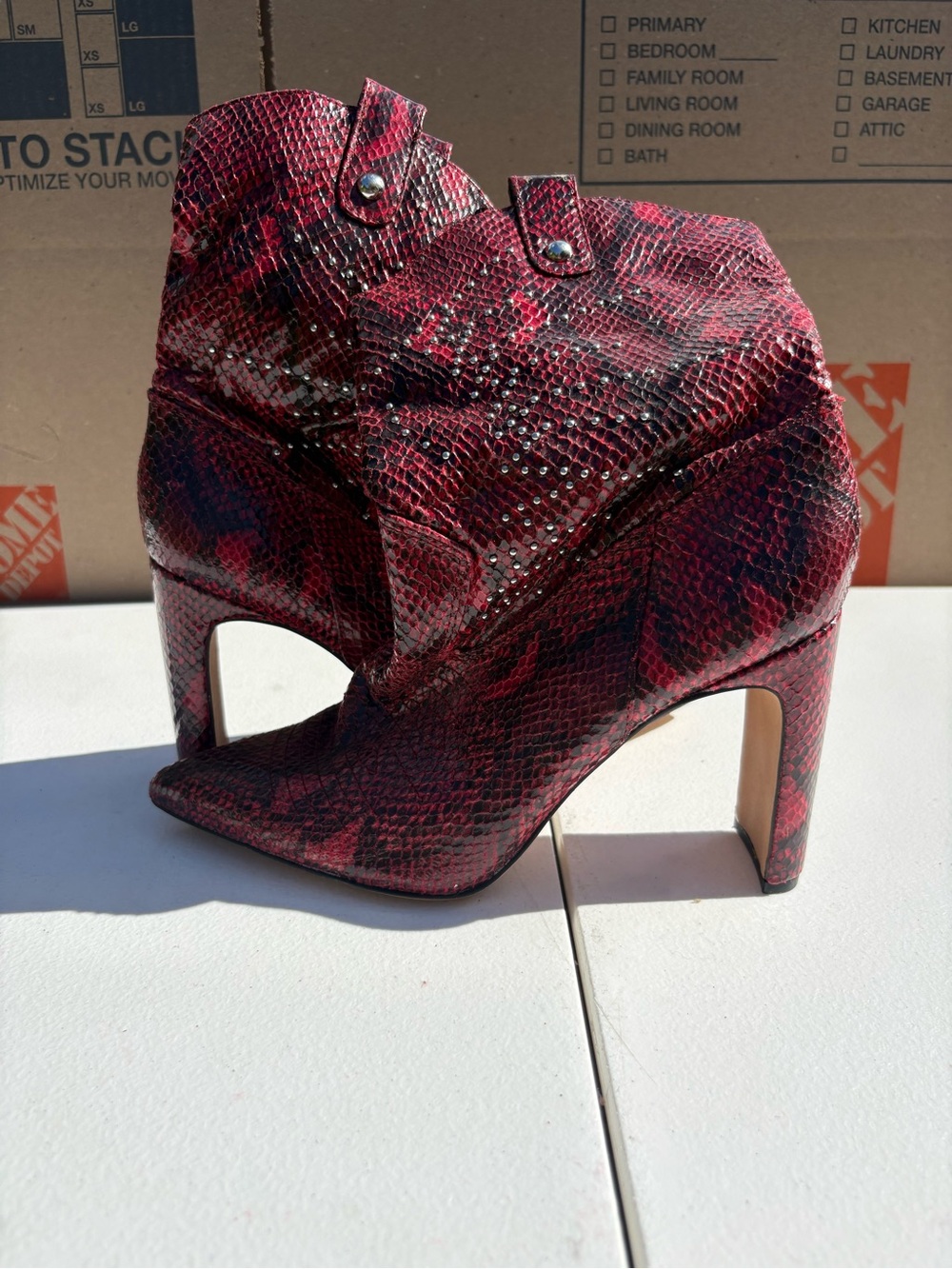 Women's Red Snake Print Studded Heeled
Booties size 10